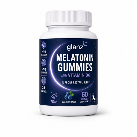 Glanz Melatonin Gummies with Vitamin B6 – Blueberry Flavor, Vegan, 5 mg Melatonin, 60 Gummies