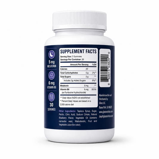 Glanz Melatonin Gummies with Vitamin B6 – Blueberry Flavor, Vegan, 5 mg Melatonin, 60 Gummies